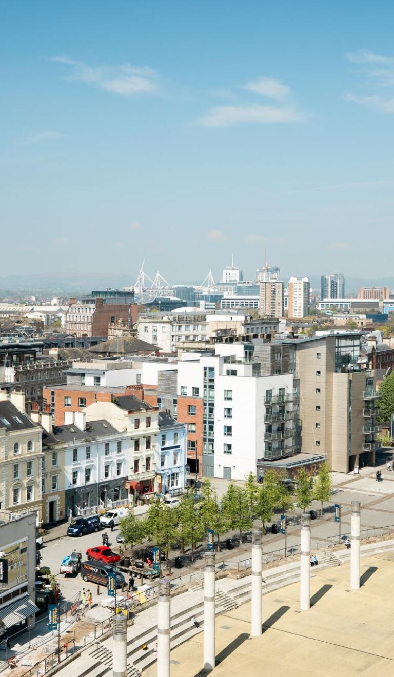 Aerial view of a city centre landscape.