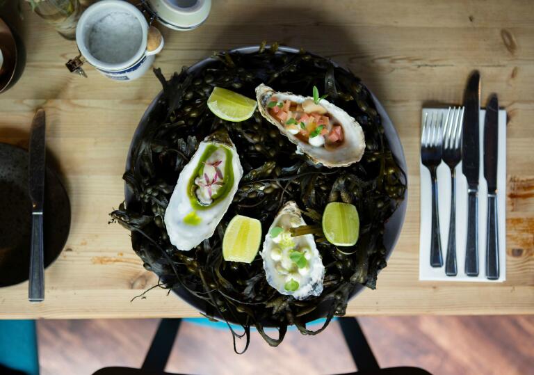 A plate of seafood in shells on a bed of seaweed, garnished with lemon and lime.