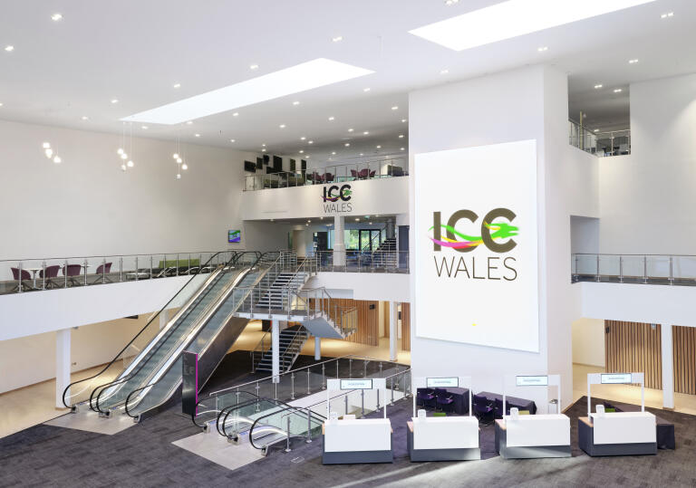 Inside the main foyer area of the ICC Wales.