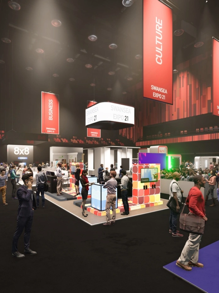 An exhibition in a large hall filled with people.