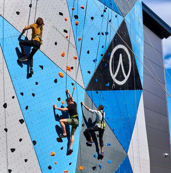 People wearing safety harnesses scaling a climbing wall in an adventure park.