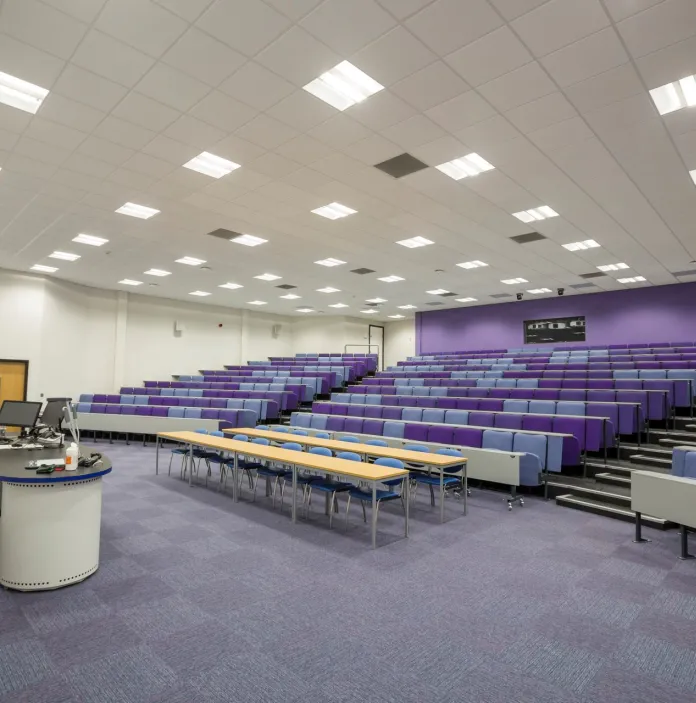 A lecture theatre showing the rising rows of purple furnished chairs and carpet.