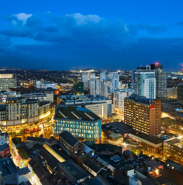 Exterior view of Cardiff City at night
