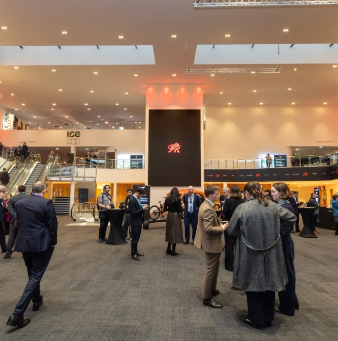 delegates networking in the main atrium of ICC Wales during an event