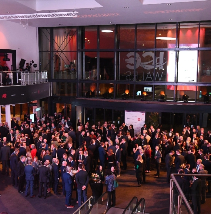Business event networking reception at ICC Wales with delegates connecting