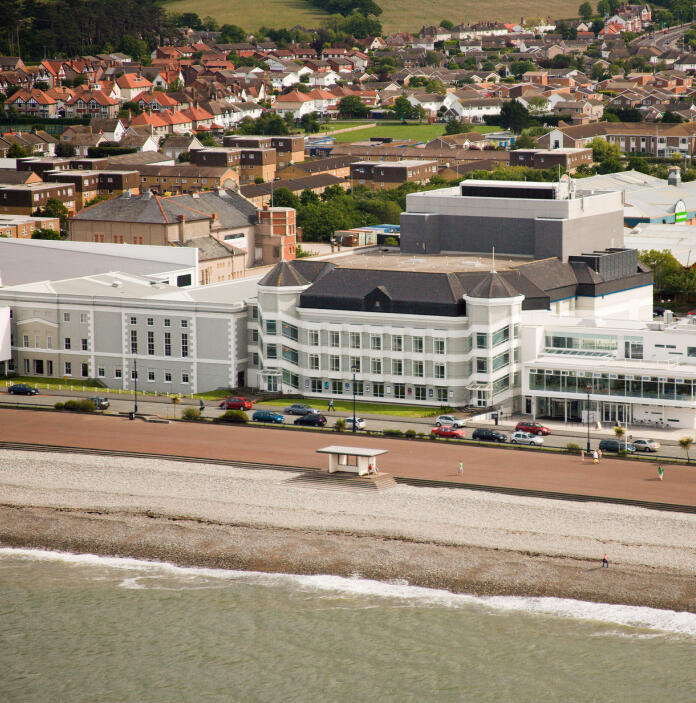 Aerial shot of an arts and entertainment venue on the coast.