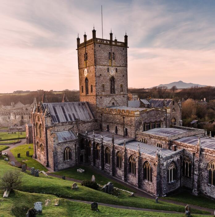 View of St Davids Cathedral at sunset.