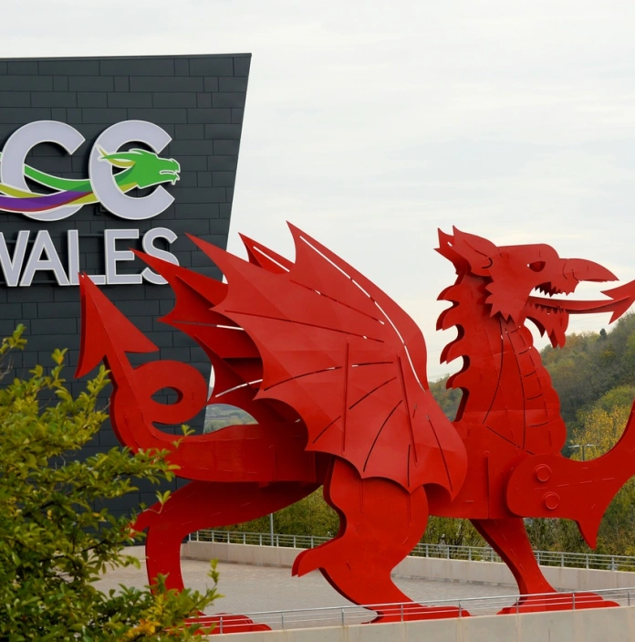 Front of ICC Wales  venue with Dragon