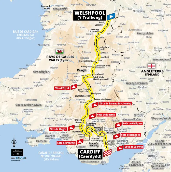Map showing the 2027 Tour de France route in Wales, running south from Welshpool to Cardiff with marked climbs along the way