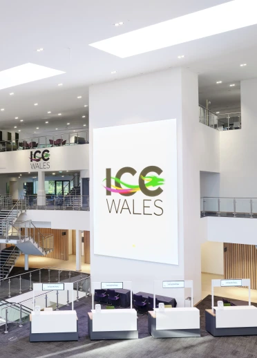 Inside the main foyer area of the ICC Wales.