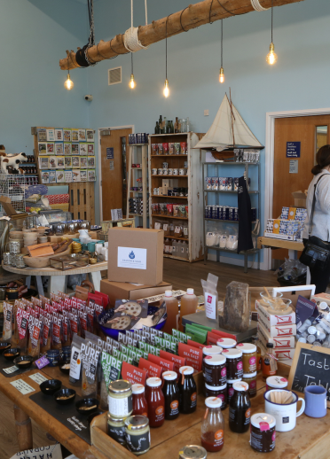 Goods to buy on display in the shop at Halen Mon Anglesey Seasalt Company.