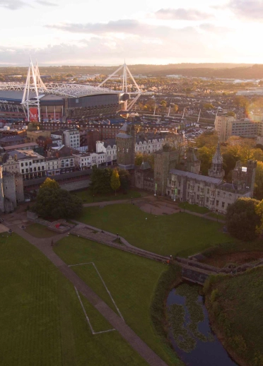 Aerial image of Cardiff with the castle and the stadium in view.