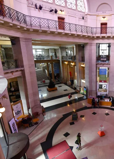 Inside the foyer of a museum.