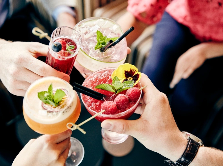 A variety of colourful refreshing drinks adorned with fruit and mint.