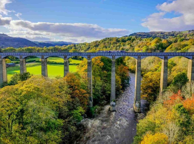 Scenic shot of Pontcysyllte Aqueduct with the river flowing beneath.