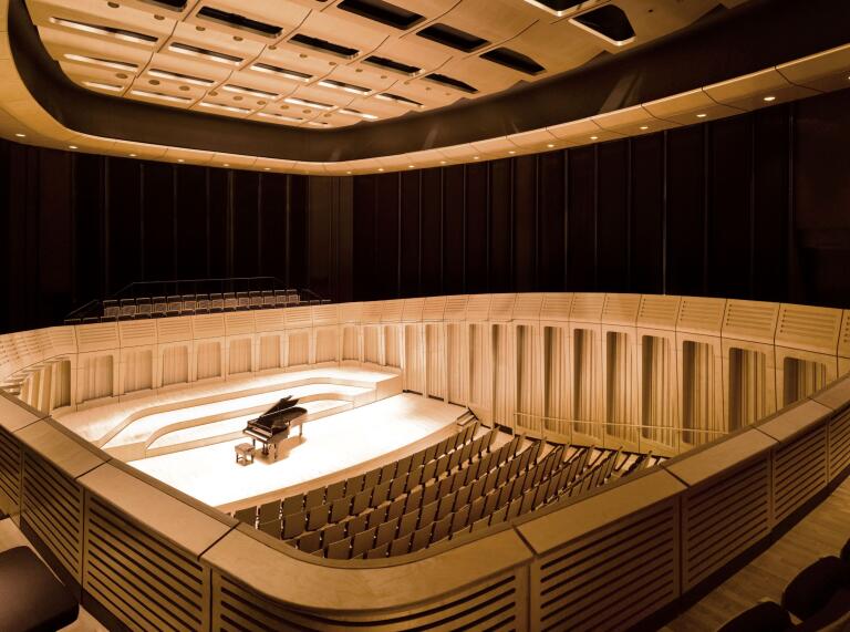 Inside the Nick Guttridge concert hall at Royal Welsh College of Music and Drama.