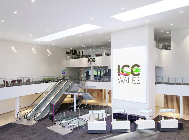 Inside the main foyer area of the ICC Wales.