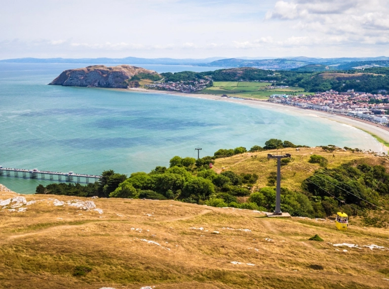 Views of the promenade, coastline, pier and cable cars from a high vantage point.