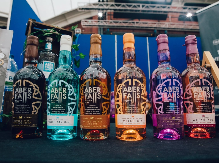 Aber Falls Gin bottles in different colours and flavours
