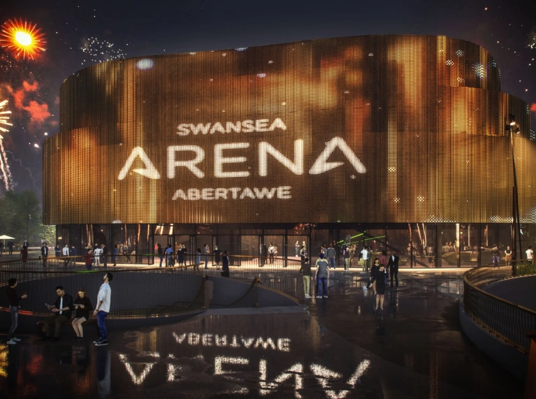 External image of Swansea arena with copper colour panel and branding