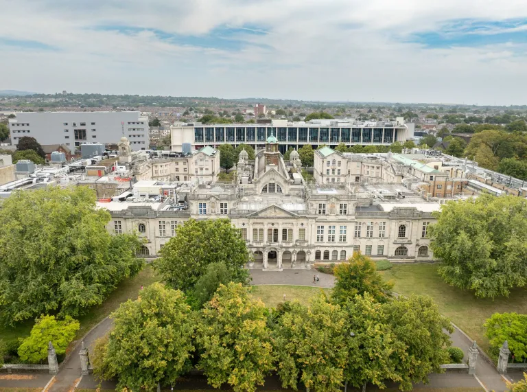aerial image of Cardiff University in Cathays Park with trees lining the street  