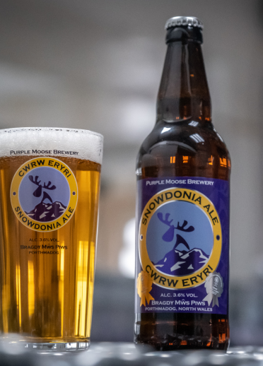A glass of Purple Moose Snowdonia Ale sitting next to its bottle.