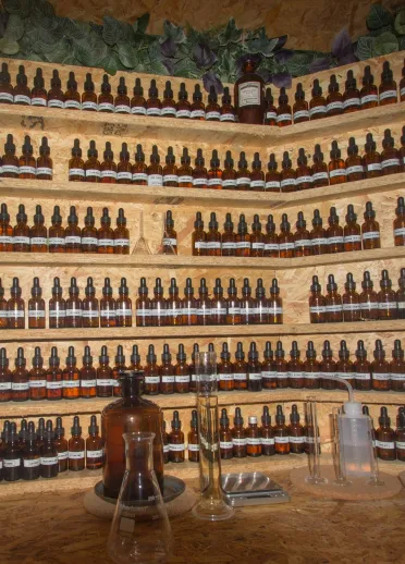 Lab bottles at Wales perfumery
