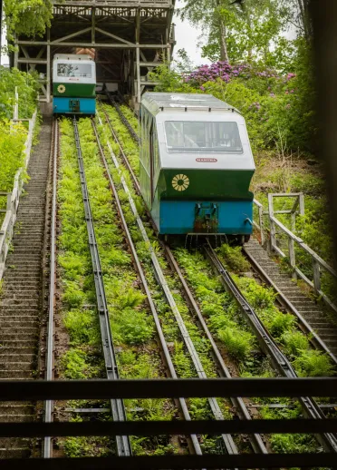 Trams going up and down the water balanced railway.