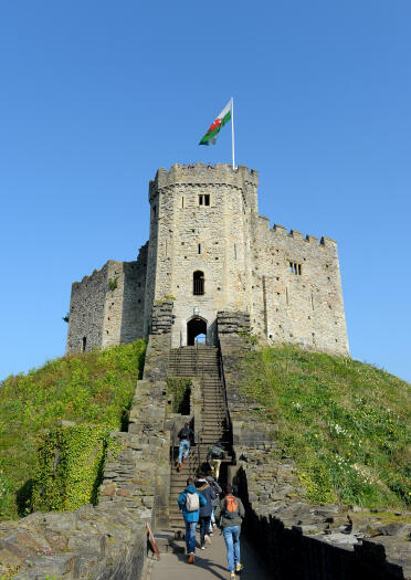 People walking up steps toward a castle turret.