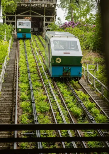 Trams going up and down the water balanced railway.