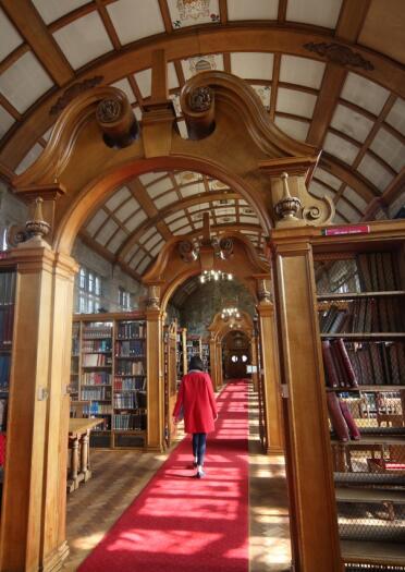 A library with panelled ceiling and books on shelves along the hallway.