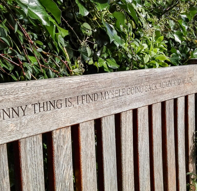 Bench etched with the phrase 'The funny thing is, I find myself going back again and again'.