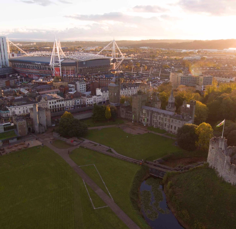 Aerial image of Cardiff with the castle and the stadium in view.