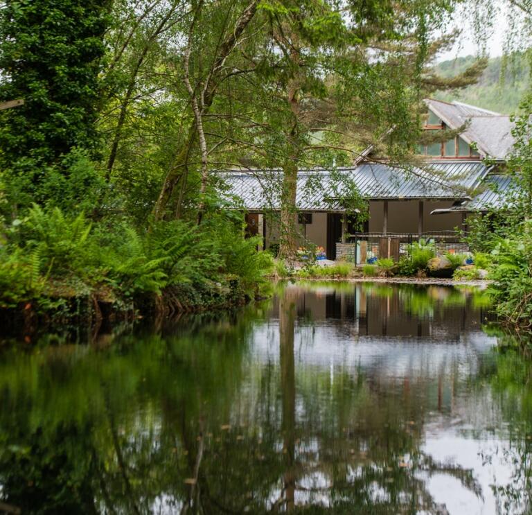Eco building surrounded by foliage and reflecting in the water.