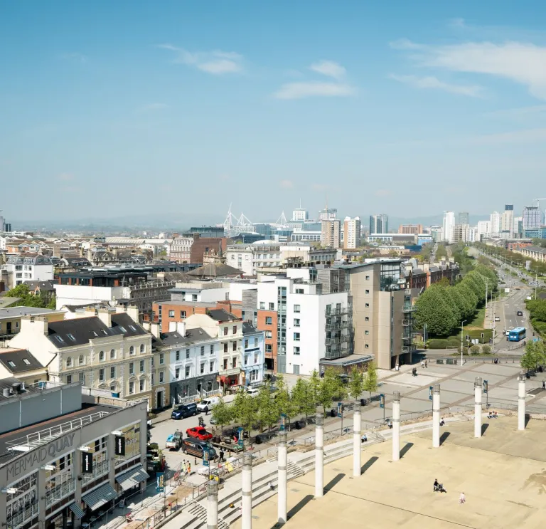 Aerial view of a city centre landscape.