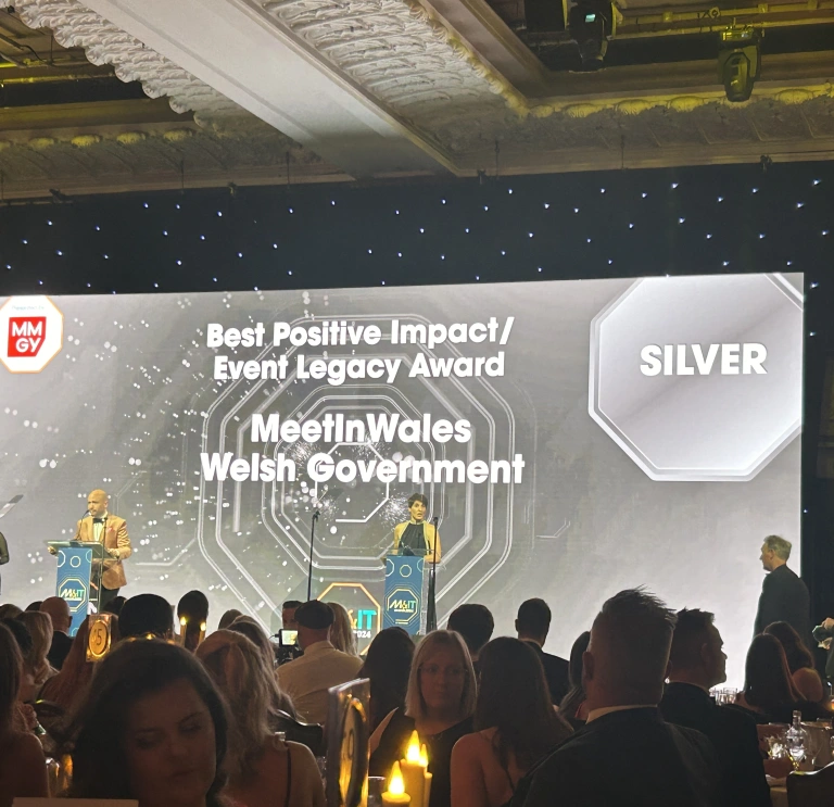 Awards ceremony with people sitting at tables in front of awards screen that has Meet In Wales name included in 