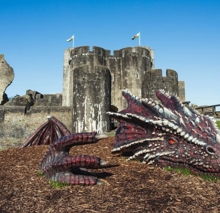 Dragon laying on the floor with thr castle and leaning tower of Caerphilly