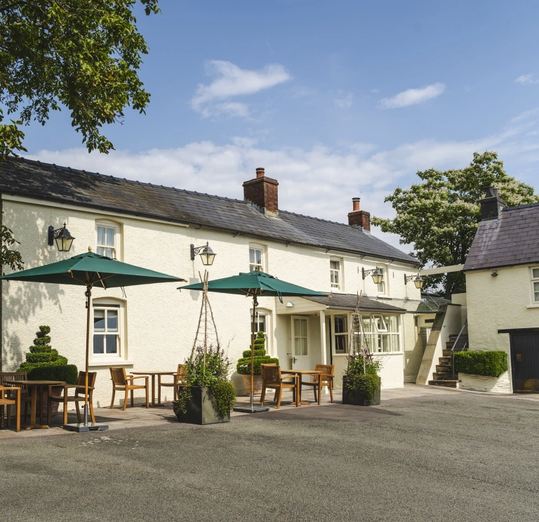 Front exterior of The Walnut Tree showing outdoor seating with parasols and landscaped shrubs.