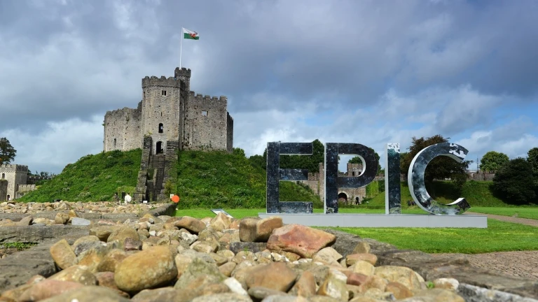 Reflective EPIC sign outside Cardiff Castle 