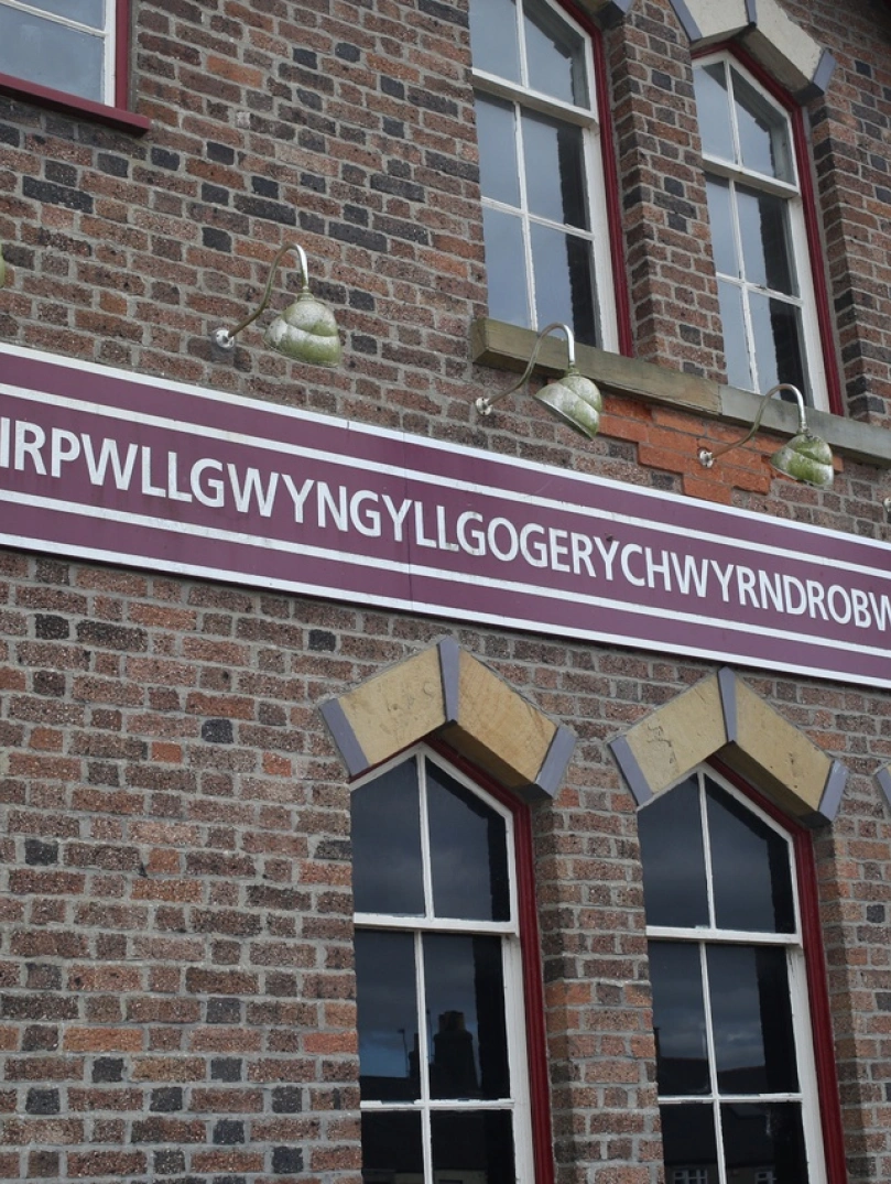 A sign on a railway station which shows off the 58 character longest name.