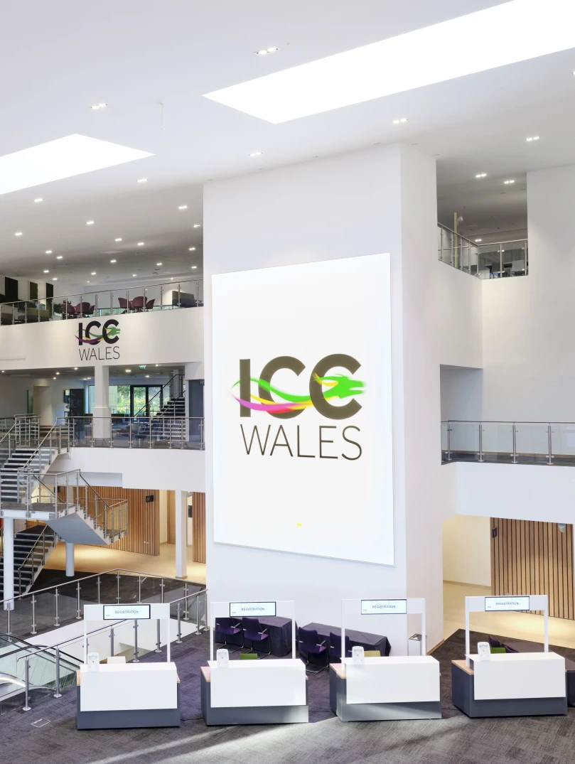 Inside the main foyer area of the ICC Wales.