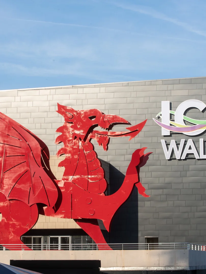 The dragon outside the ICC Wales.
