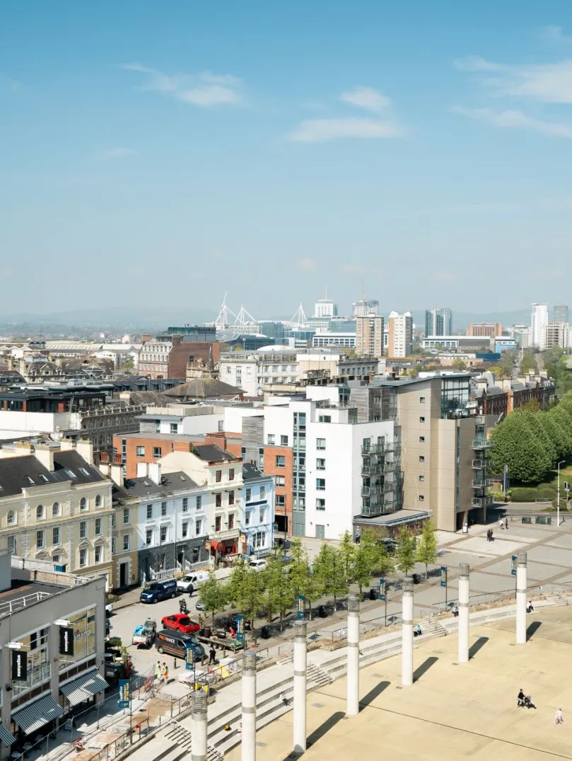 Aerial view of a city centre landscape.