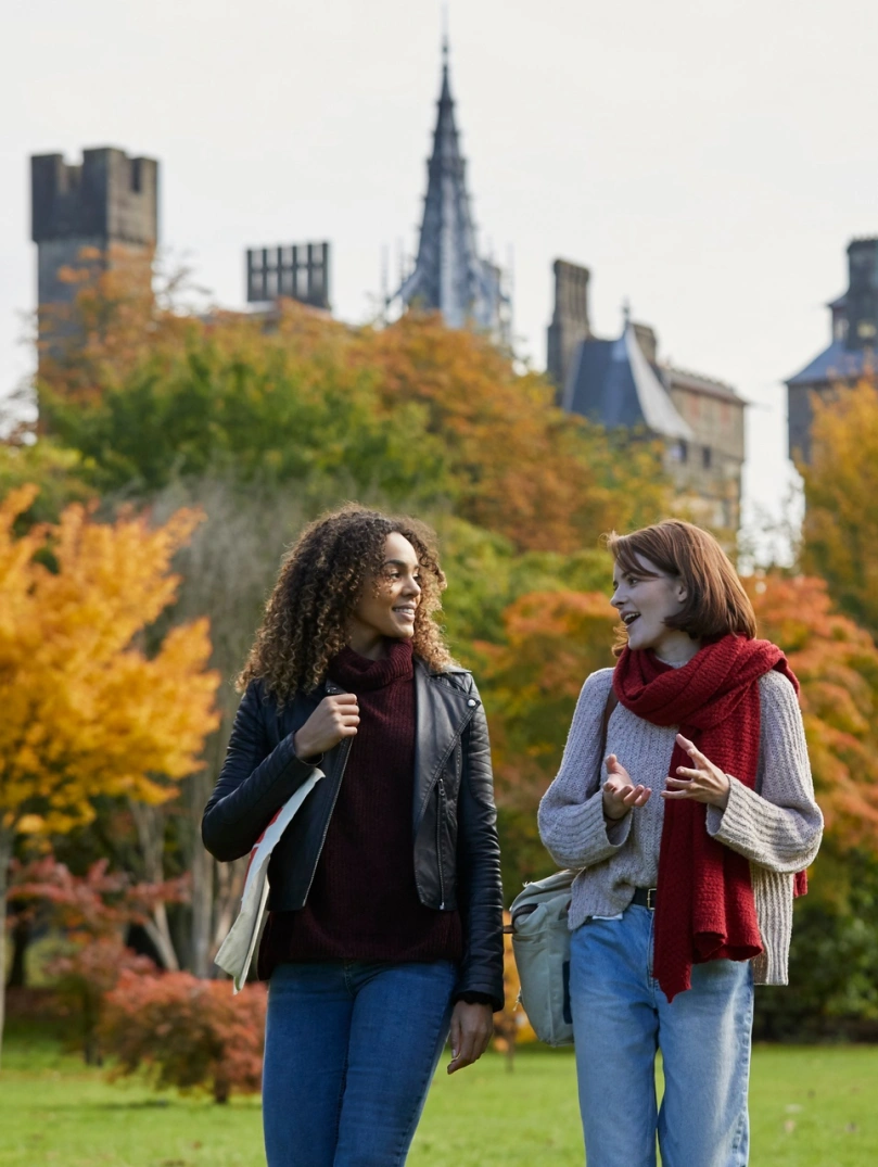 Two women walking in Autumn through Bute Park with trees and castle in the background