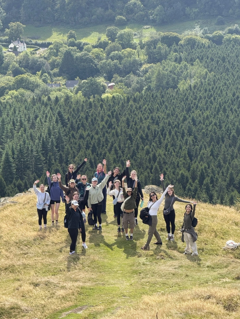 Group of people standing on a grassy hilltop with arms raised, overlooking a vast forest of evergreen trees and scattered countryside houses in the distance