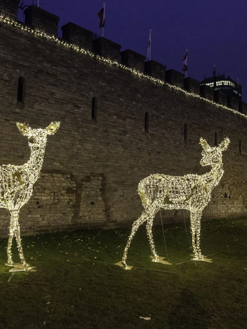 gold lit reindeer decorations outside the castle walls 