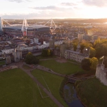 Aerial image of Cardiff with the castle and the stadium in view.