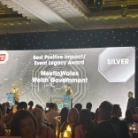 Awards ceremony with people sitting at tables in front of awards screen that has Meet In Wales name included in