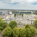 aerial image of Cardiff University in Cathays Park with trees lining the street