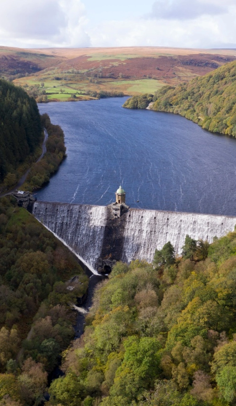 Aerial view of a river flowing over an open dam surrounded by trees and mountains.